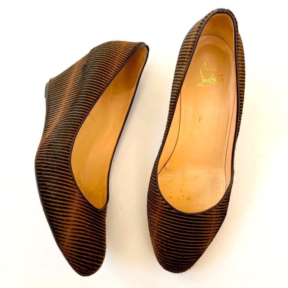 Christian Louboutin Brown Black Leather New Peanut 70mm opticline wedge pumps 42